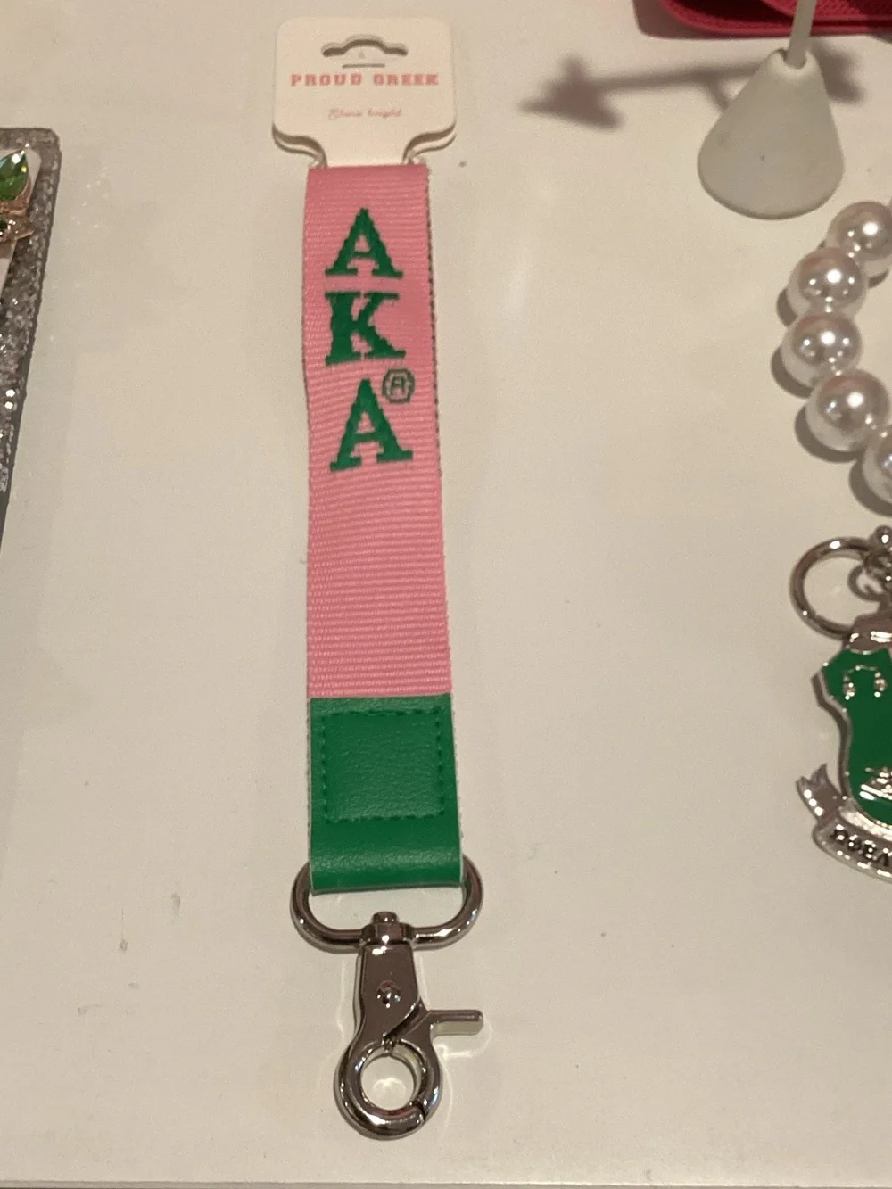 AKA Pink and Green Key Wristlet with Silver Clip